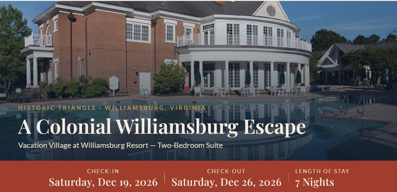 Vacation Village at Williamsburg resort clubhouse and pool at dusk