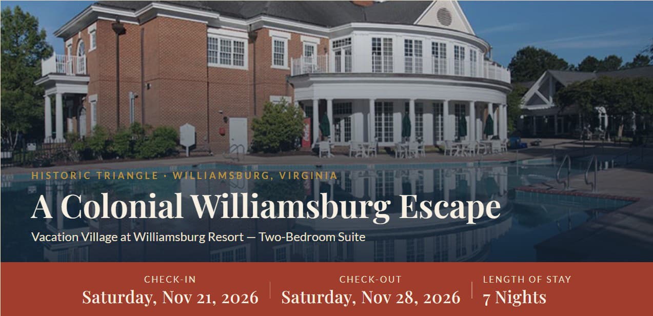Vacation Village at Williamsburg resort clubhouse and pool at dusk