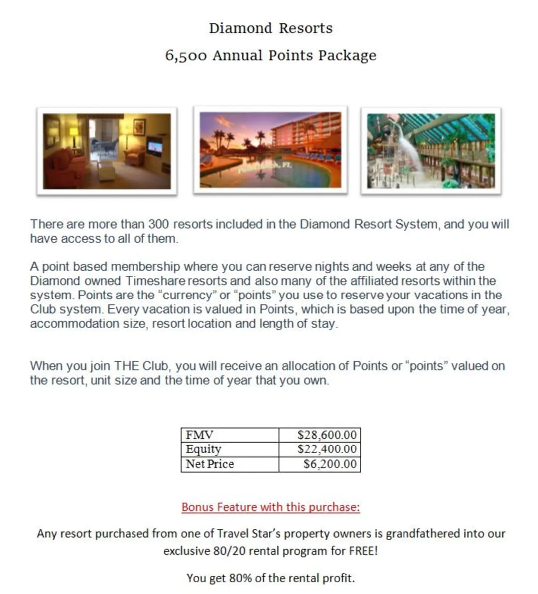 Example of Diamond Resorts annual points ownership